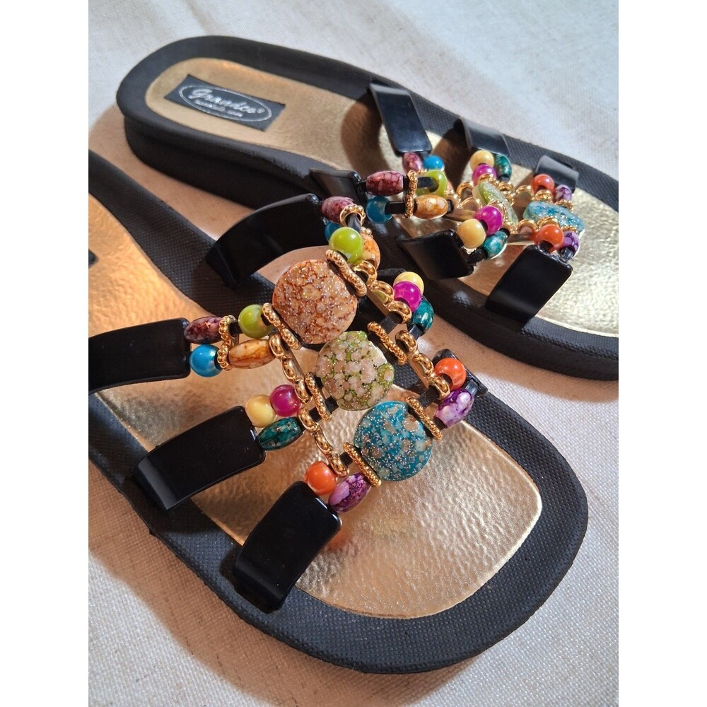 GRANDCO SANDALS Beach Pool SLIDE BLING Color Beads Black Slide Sz 8